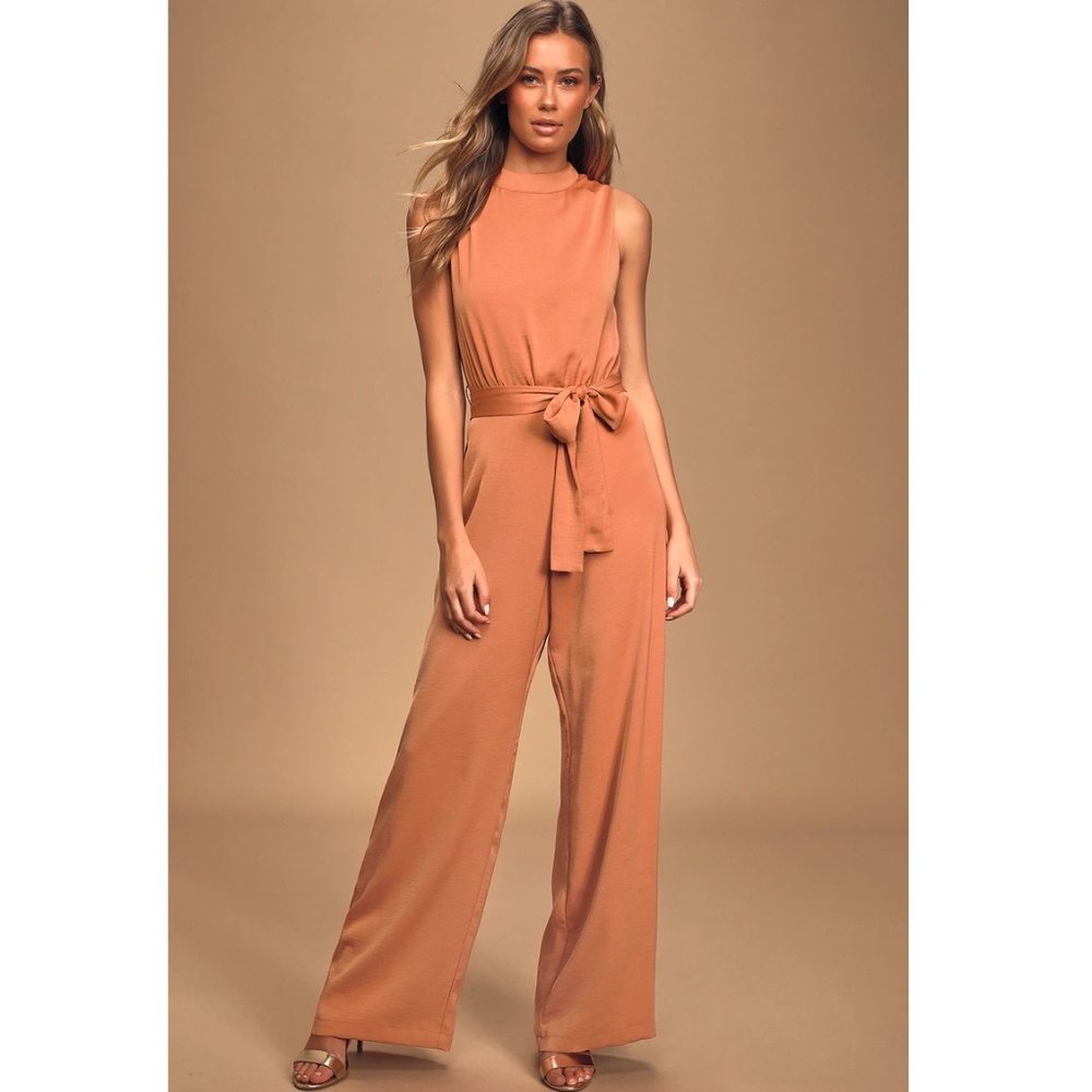 Lulus Making Promises Terra Cotta Sleeveless Mock Neck Jumpsuit